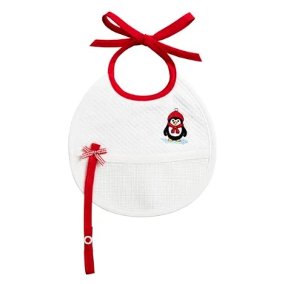Afbeelding van Filet Kerstslabbetje voor baby&#039;s om te borduren met ketting en borduurwerk van een pinguïn rode sjaal hoed, striksluiting, Made in Italy