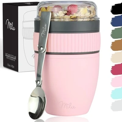 Afbeelding van Milu Graanpot om mee te nemen, 400 ml, yoghurtpot van kunststof voor muesli, lekvrij, met lepel yoghurt/pap (roze)