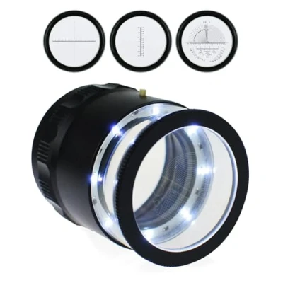 Afbeelding van Verlichte juwelier vergrootglas 10X met verwisselbare dradenkruisschaal, LED licht, 25 mm gezichtsveld, f (4 glazen schaal)