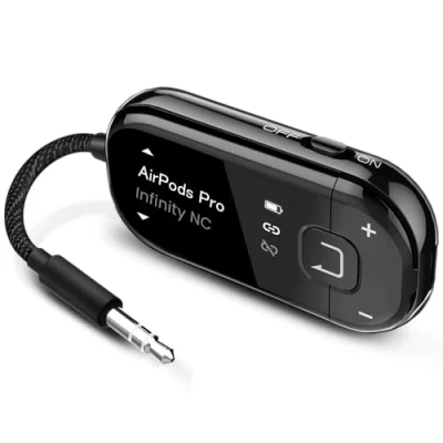 Afbeelding van Avantree Voyager Bluetooth 5.4 vliegtuigadapter voor reisvlucht met aptX adaptief en OLED display, compatibel hoofdtelefoon, Airpods meer, 3,5 mm AUX draadloze audiozender tv