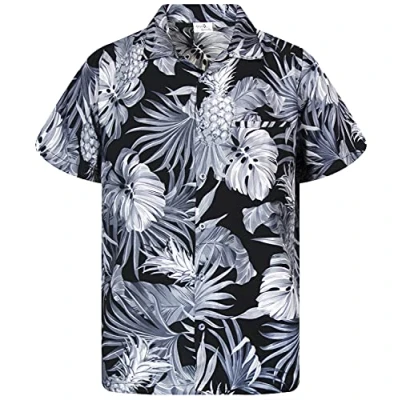 Afbeelding van King Kameha Hawaiihemd, voor heren, korte mouwen, borstzakje, Hawaii print met ananas en bladeren, Pineapple Leaves Monogrijs, XXL