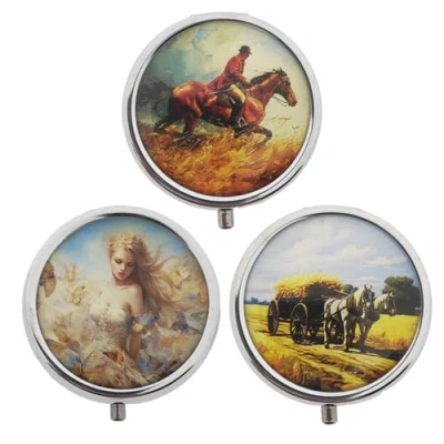 Afbeelding van Set van 3 pillendoosjes medicijnbox tablettenbox pillendoos (vrouw, hooiwagen, ruiter)