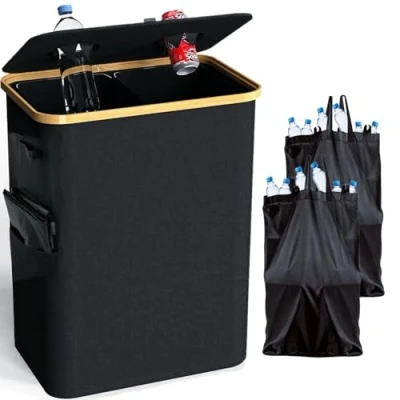 Afbeelding van Qivine Afvalscheiding voor binnen, 2 vakken, afvalscheiding, met handvat, glas, papier en kunststof, zwart, 140 l