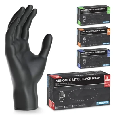 Afbeelding van ARNOMED wegwerphandschoenen zwart, S, nitril handschoenen met 200 stuks/doos, poedervrij, latexvrije rubber handschoenen, verkrijgbaar in M, L &amp; XL