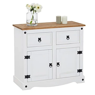 Afbeelding van Commode Campo dressoir buffetkast servieskast massief grenen met 2 laden en deuren, bruin/wit