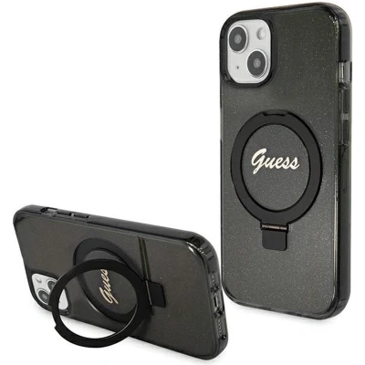 Afbeelding van Guess Ring Stand Script Glitter Back Cover hoesje met MagSafe voor Apple iPhone 13 Zwart