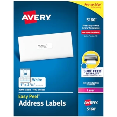 Afbeelding van Avery 5160 Easy Peel Address Labels, wit, 1 x 2 5/8 inch, 3.000 Count (Pack van 1)