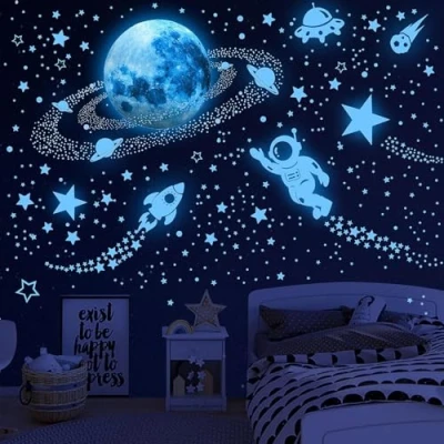 Afbeelding van 531 stuks Glow in The Dark Sterren en Planeet Muurstickers, Galaxy Astronaut Raket Ruimtevaartuig Buitenaardse Decoratie, Heldere Zonnestelsel Muurstickers voor Kinderen, laneten