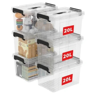 Afbeelding van Cetomo Opbergbak met deksel en handvat, draagtas organiserende container duurzaam veilige vergrendelende gespen, stapelbaar nestbaar, kunststof, 25 kwart 6 pack, transparant