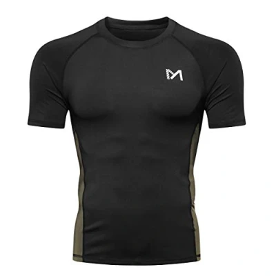 Afbeelding van MEETYOO Compressie basislaag voor heren, heren top lang/korte mouwen T shirt sportuitrusting fitness panty hardlopen gym workout, Zwart korte, L