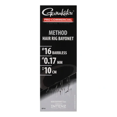 Afbeelding van Gamakatsu Pro Commercial Coars Method Hair Rig Bayonet 7mm 10cm Barbless (8 pcs) Maat : haak 16 0.17mm