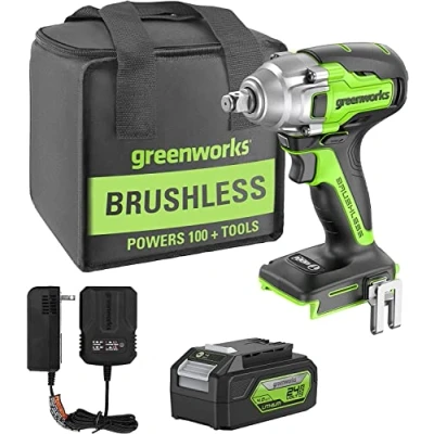 Afbeelding van Greenworks GD24IW400K4 Accu Slagmoersleutel met Borstelloze Motor, 0 2800 Tpm, 4000 Ipm, 400 Nm Koppel, 1/2&quot; (1,27 Cm) Vierkante Koppeling, PLUS 24 V 4 Ah en Oplader, 3 Jaar Garantie