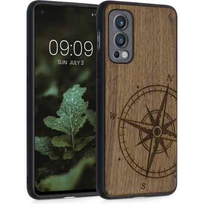 Afbeelding van kwmobile telefoonhoesje geschikt voorOnePlus Nord 2 5G Hoesje met bumper walnoothout In donkerbruin Vintage Kompas design