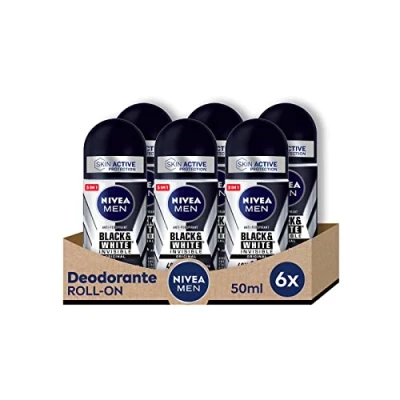 Afbeelding van NIVEA Men Black &amp; White Invisible Roll On deodorant antitranspirant in verpakking van 6 stuks (6 x 50 ml) anti haarstripdeodorant voor heren, roller reguleert het ademend vermogen gedurende