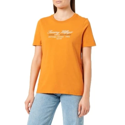 Afbeelding van Tommy Hilfiger Dames REG Script Graphic C NK SS WW0WW43502 S/S T shirt, herfst oranje, L, Oranje (Herfst Oranje), L