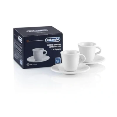 Afbeelding van De&#039;Longhi DLSC308 Kopjesset van keramisch porselein, gemaakt in Italië, comfortabel vast te houden, zonder condensatie, vaatwasmachinebestendig, inhoud 70 ml, inclusief schoteltjes