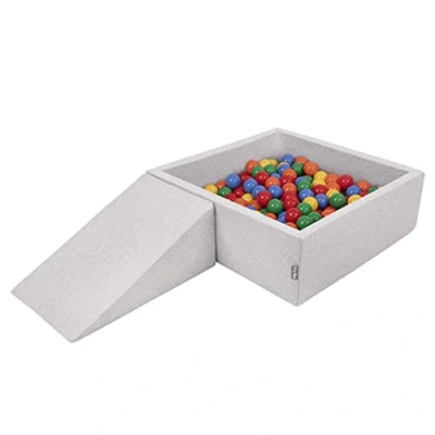 Afbeelding van KiddyMoon schuimspeelplaats voor kinderen met vierkante ballenbak (200 ballen), lichtgrijs: geel / groen blauw rood oranje