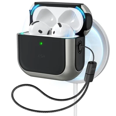 Afbeelding van ESR Hoesje voor AirPods 4e generatie, compatibel met 4 Gen (2024) (USB C), MagSafe, valbescherming lanyard, Orbit Hybrid Case, Titanium
