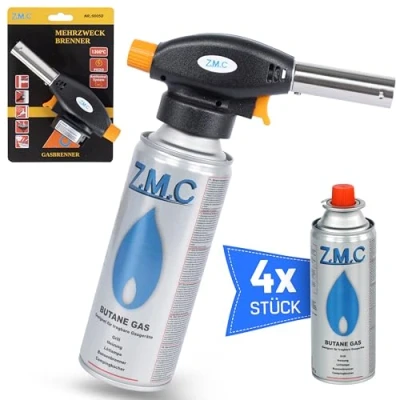 Afbeelding van Z.M.C Gasbrander + 4 x gaspatronen, 227 g, vlambrander tot 1300 C, bunsenbrander, soldeerbrander, keukenbrander met instelbare vlam, vlammenapparaat, blowtorch branderopzetstuk