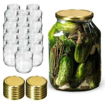 Afbeelding van KADAX Weckpotten, 2,5 liter, inmaakpot, diameter van 100 mm, voorraadpot, komkommerglas, ronde potten (12 stuks, gouden deksel)