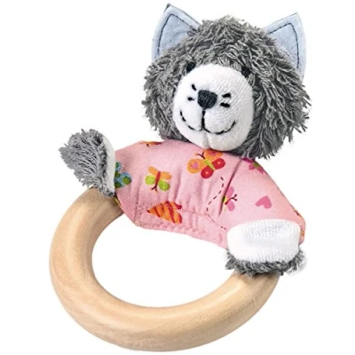 Afbeelding van Käthe Kruse Houten Grijpring Poes 15 Cm Roze/grijs