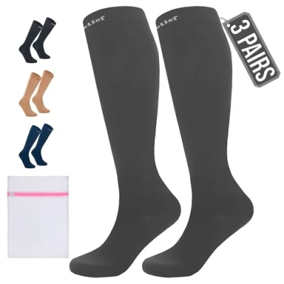 Afbeelding van 360 Relief 3 Paar Compressiesokken Dammes en Herren Effen Kleuren Compressiekousen voor Sport, Hardlopen, Vliegen, Reizen, Joggen, Fietsen, Werk Grijs XXL Kniehoge sokken met Mesh Waszakje