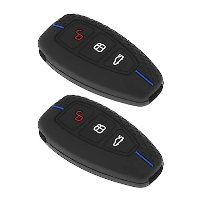 Afbeelding van Be In Your Mind 2 Stks 3 Knoppen Autosleutel Cover Case Vervanging Compatibel met Ford Focus MK2/MK3/MK4 Siliconen Sleutelhanger Zwart Blauwe Streep