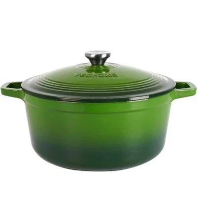 Afbeelding van VeoHome Geëmailleerde gietijzeren braadpan, groen, 6 l, diameter 28 cm, zeer resistent, kookpan, compatibel met inductie/gas/oven, homogeen koken, authentieke smaken, reliëfdeksel