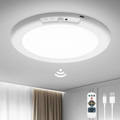 Afbeelding van Bojim Oplaadbare Plafondlamp met Bewegingssensor en Afstandsbediening, Batterijgevoede voor Binnen, 3CCT 250LM Dimbare Draadloze Zolder, Garage, Veranda, Trap, Hal