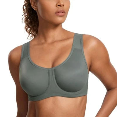 Afbeelding van SYROKAN Sportbeha Vrouwen Max Control Solid High Impact Plus Size Onderdraad Sport BH met beugel voor grote maten Grijze Salie 80E