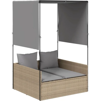 Afbeelding van Ligbed tweepersoons met dak en gordijn poly rattan beige