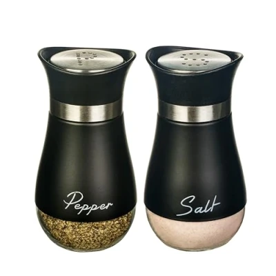 Afbeelding van Zout en pepershakerset, glazen bodem zoutpeper shaker met roestvrijstalen deksel voor keuken gadgets kooktafel, kamp, BBQ kruidenshakercontainers, kruidenpotjes (zwart)