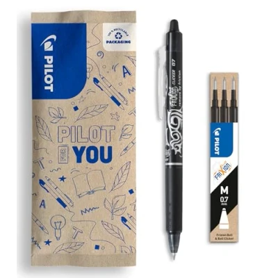 Afbeelding van PILOT set van 1 FriXion Clicker + 3 vullingen Uitwisbare pen met drukmechanisme en warmtegevoelige inkt Navulbaar comfortabel Zwart Medium punt