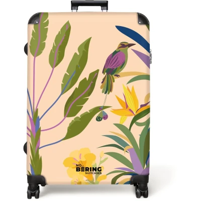 Afbeelding van NoBoringSuitcases.com® Koffer groot Reiskoffer lichtgewicht Oranje met tropische print Rolkoffer 4 wielen Grote trolley XL 98 liter bagage
