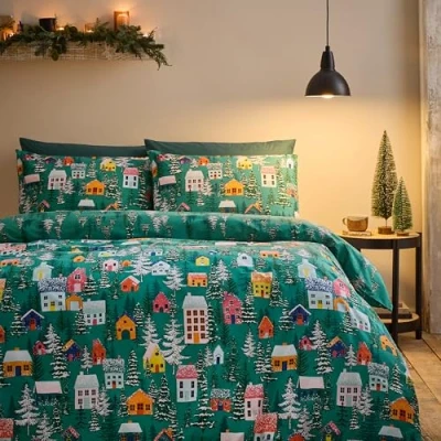 Afbeelding van Catherine Lansfield Kerst Feestelijke Bos Omkeerbare Eenpersoons Dekbedovertrek Set met Kussensloop Groen