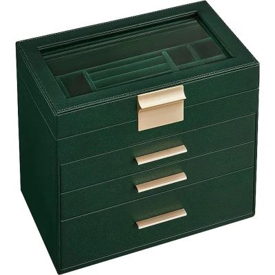 Afbeelding van sieradendoos, juwelendoos met 4 niveaus, glazen deksel, 3 laden, voor zonnebrillen, grote juwelen, opbergen van modern