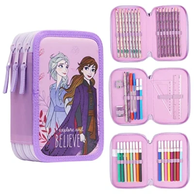 Afbeelding van Disney Stitch etui met briefpapier voor meisjes bevroren gevulde schoolbenodigdheden kleurpotloden gekleurde markers steek geschenken meisjes, Frozen Triple Zip, Eén maat, Grote