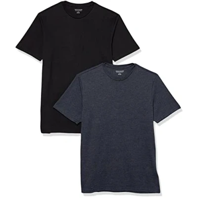Afbeelding van Amazon Essentials Heren Regular Fit T shirt met korte mouwen en ronde hals, 2 stuks, zwart/marineblauw gemêleerd, maat L