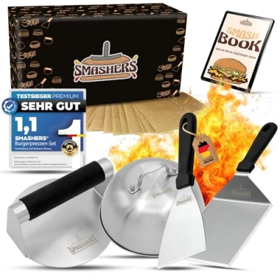 Afbeelding van SMASHERS® Smash Burgerset Burger Smasher Set met hamburgerpers, grillspatel, spatel en burgerbel incl. e book Burgerrecepten