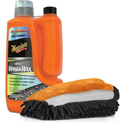 Afbeelding van detailmate Auto was en waxset met Meguiars Hybrid Ceramic Wash &amp; Wax 1660 ml + 3 in 1 washandschoen insectennet, oranje