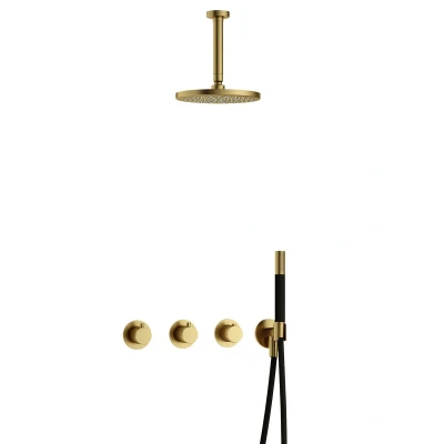 Afbeelding van Hotbath Cobber Regendoucheset IBS70 Geborsteld Messing PVD Staaf handdouche 20cm Hoofddouche 15cm Plafondbuis Handouche met wandhouder