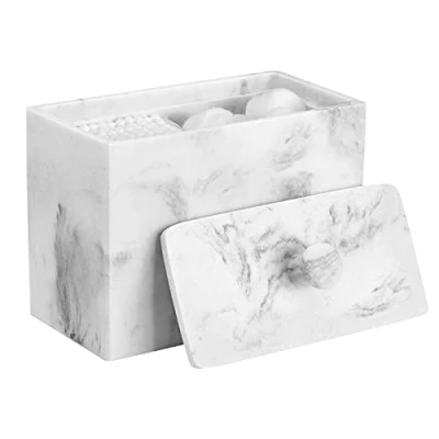 Afbeelding van Luxspire Cotton Swab Holder, Resin Ball Canister with Lid, 2 Compartments Dispenser Storage Box Cosmetics Countertop Organizer Containers for Pads, Rounds Gravel White