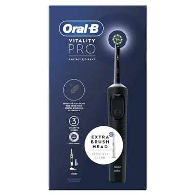 Afbeelding van Oral B Vitality Pro zwarte elektrische tandenborstel, 2 tandenborstelkoppen, ontworpen door Braun