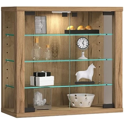 Afbeelding van VCM Wandvitrine hangvitrine glazen vitrine muur showcase glas S honingeiken
