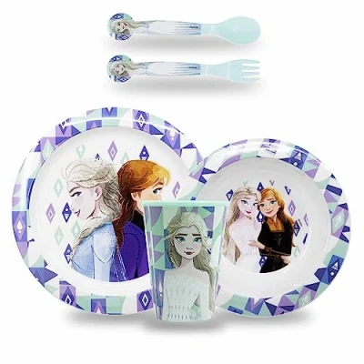 Afbeelding van Sorrisini Herbruikbaar servies, Ontbijtset voor kinderen, Kinderservies plastic, kinderserviesset, baby serviesset, kinderbestek, kinderserviesset inclusief kinderborden, BPA Free Frozen Elsa