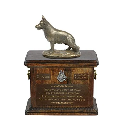 Afbeelding van Art Dog Custom Sitting Statue Memorial Urn Handgemaakt koud gegoten brons op berkenhouten voet 8,3x11,4x8,7 5l Duitse herder