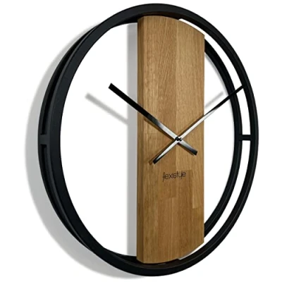 Afbeelding van Wandklok groot zonder tikkende geluiden LOFT OVAL metaal zwart 3D XXL modern hout badkamer woonkamer (50cm diameter)