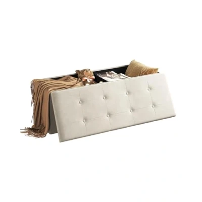 Afbeelding van WOLTU Kruk met opbergruimte, zitbank, opvouwbare opbergbox, deksel afneembaar, gevoerde zitting van fluweel, 110 x 37,5 38 cm, crèmewit, SH73 cm