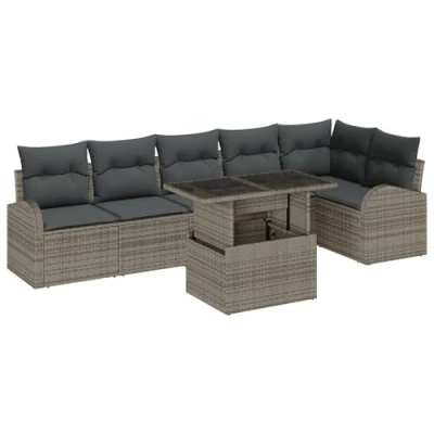 Afbeelding van vidaXL 7 delige Tuin Sofa Set met Kussens Grijs Poly Rattan, 2 zits Opbergruimte &amp; Rattan