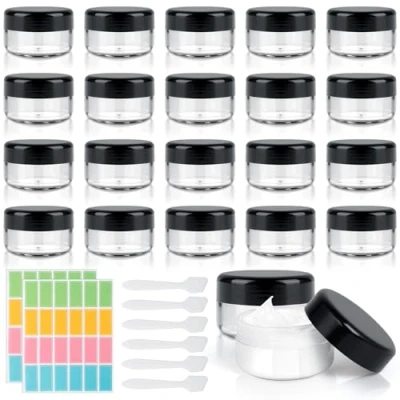 Afbeelding van AiQInu 20 stuks crèmepotjes om te vullen, 30 ml, reisdozen transparant, ml plastic potjes met 6 spatels en 48 etiketten, gebruik reismonstercontainers
